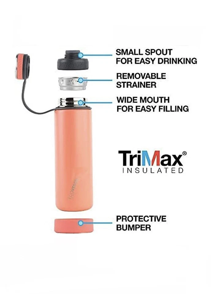 Botella de agua rosa aislada EcoVessel The Boulder TriMax 20 oz, 591 ml Foto 2 de 4