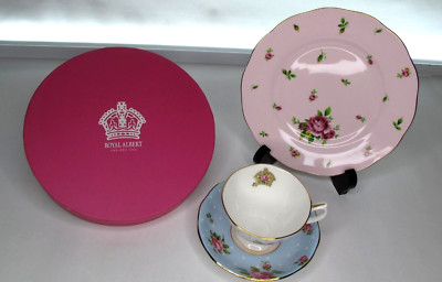 Royal Albert MODERN Vintage Mix Pink Teacup Blue Saucer Pink Plate  Boxed