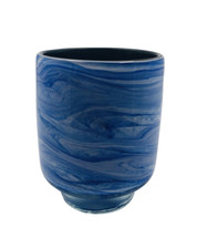 Glass Vase Hand Blown Blue  White Swirls Cylinder