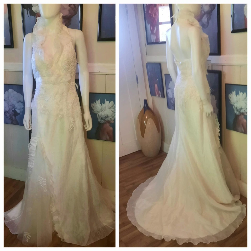 Vestido de novia halter DEMETRIOS #3086 marfil organza y volantes de encaje sirena talla 6/8 Foto 4 de 4