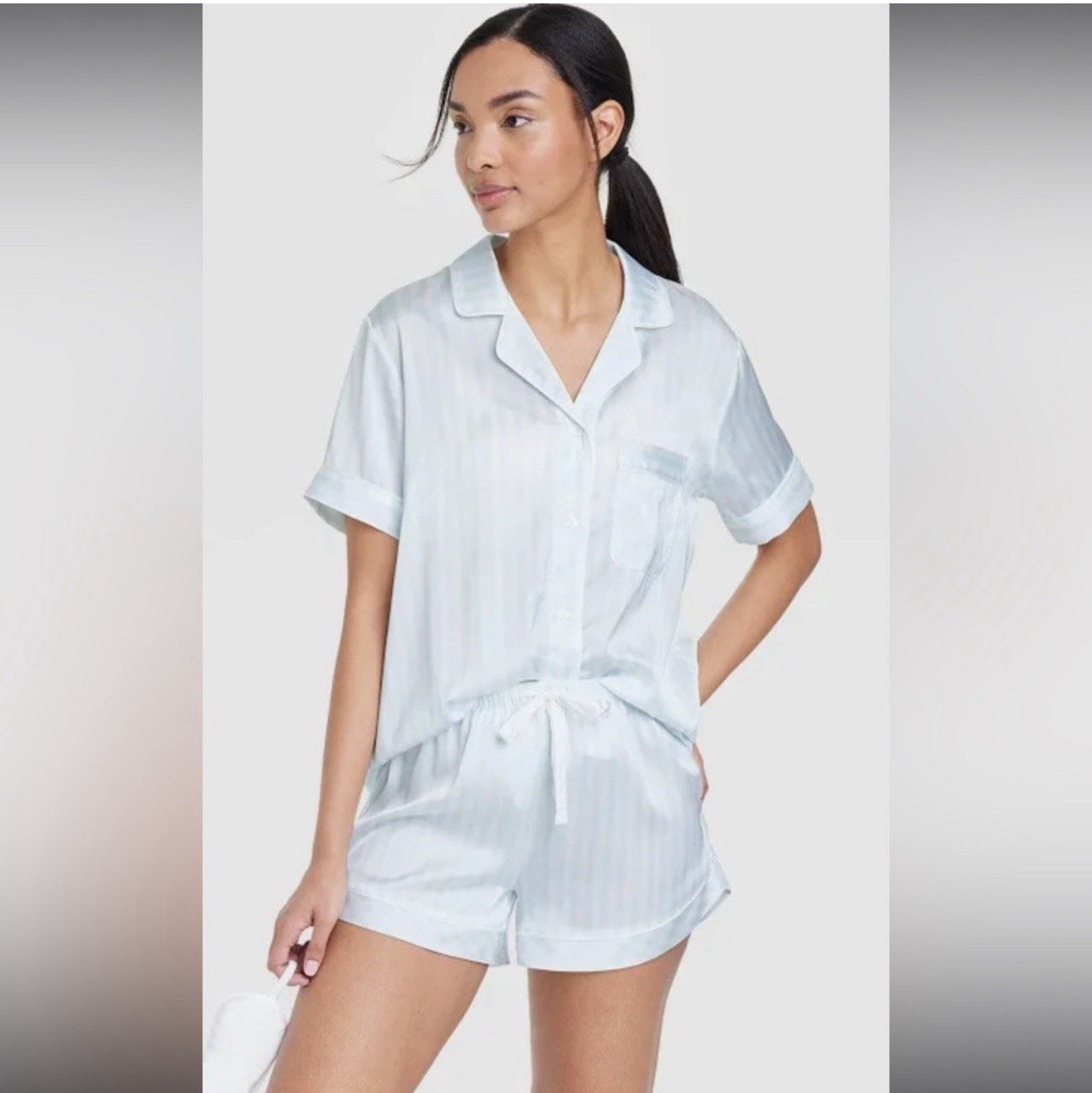 Stars Above Women’s 3pc Blue White Stripe Satin Top & Shorts Pajama Set Size 1X