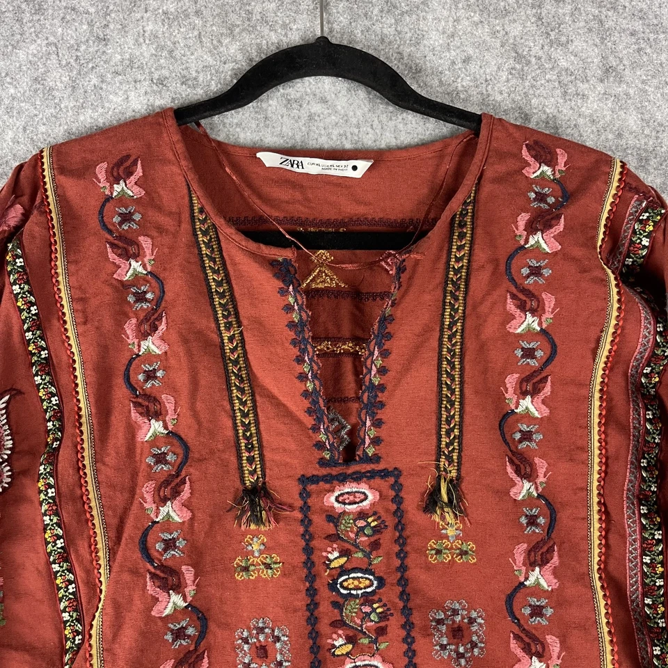 Top Zara Bordado Mujer XL Naranja Quemado Floral Gran Tamaño Boho Campesino Azteca Foto 2 de 4