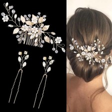 3 PCS Gold Crystal Wedding Hair Comb Rhinestone Bridal Hair Pins Pearl Set