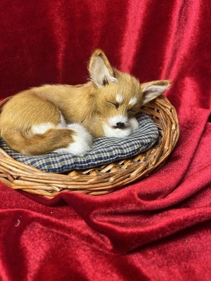 Fox  LAYING IN BED BASKET STUFFED ANIMAL -  CAT IS MADE RABBIT FUR Lynx Cat