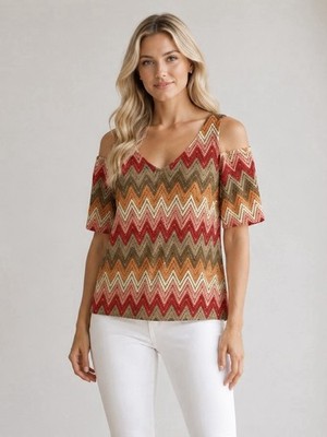 Womens Chevron Print Crochet Cold Shoulder Top Size 1X Boho Summer Chic