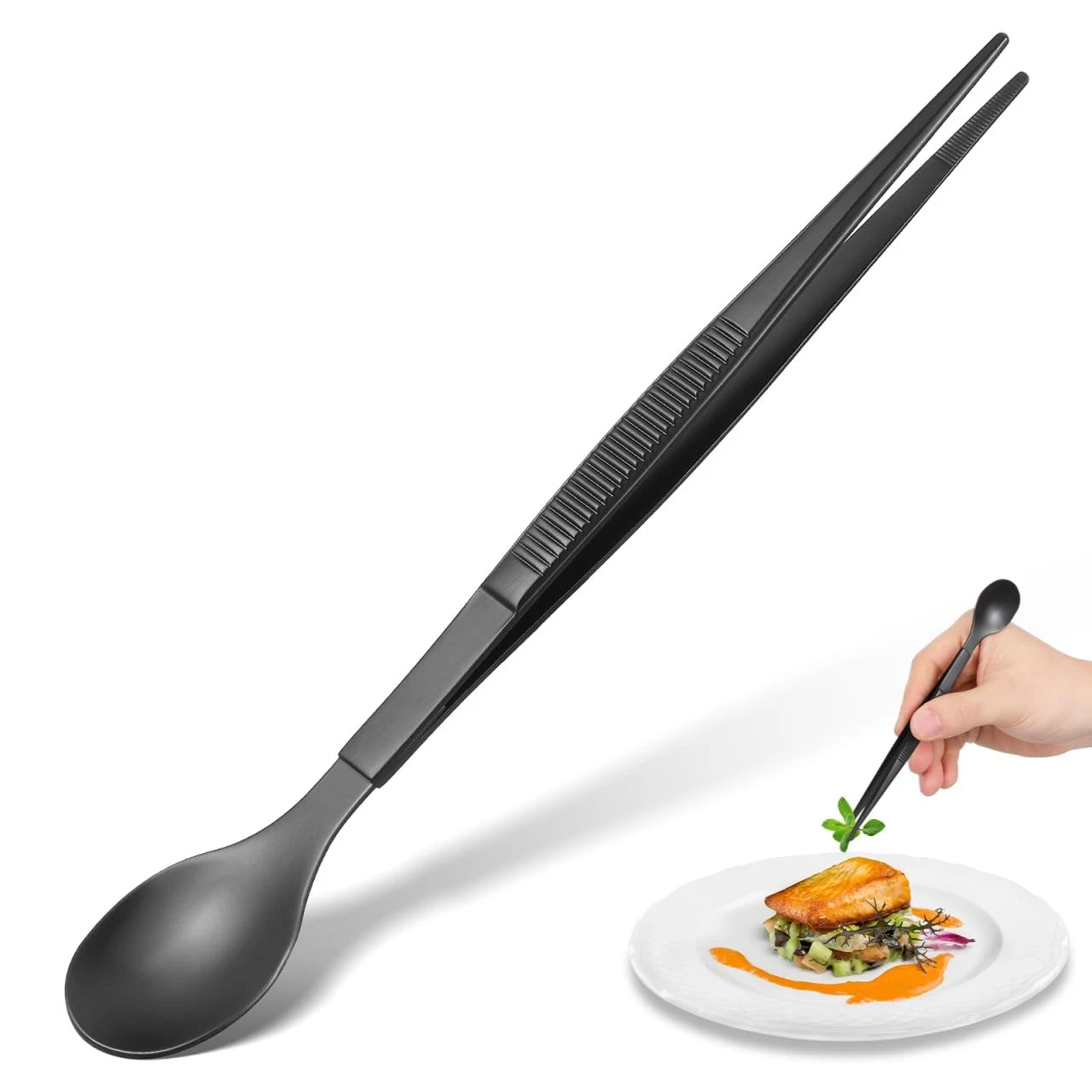 Stainless Steel Tasting Spoon Tweezer Chef Flavor Test Spoon Black Metal Serv...