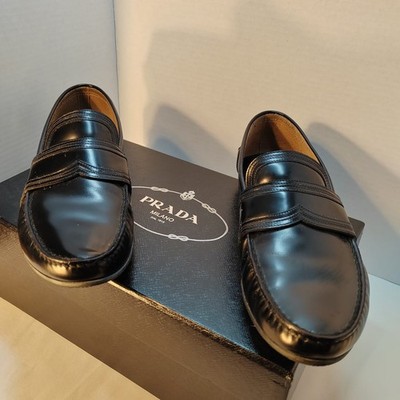 Prada Men s Black Leather Penny Loafers Shoes Size US 8.5 / EU 7.5 Made in Italy