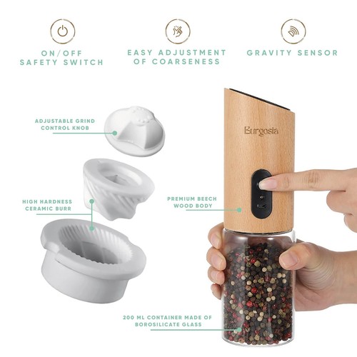Wooden Gravity Pepper & Salt Grinder Electric Refillable Spice USB Rechargeable - Picture 3 of 8