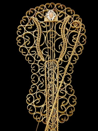 Vintage 80's Victorian Gold Iron Scrollwork Coral Cabochon Violin Wall Art Work - Picture 19 of 23
