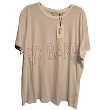 Image of Ted Baker Womens Size 5 (16 UK) White Cotton Branded Foil T Silver Logo T-Shirt