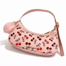 Betsey Johnson Cherry Bow Print Shoulder Bag w/ Heart Furry Charm Pink NWT