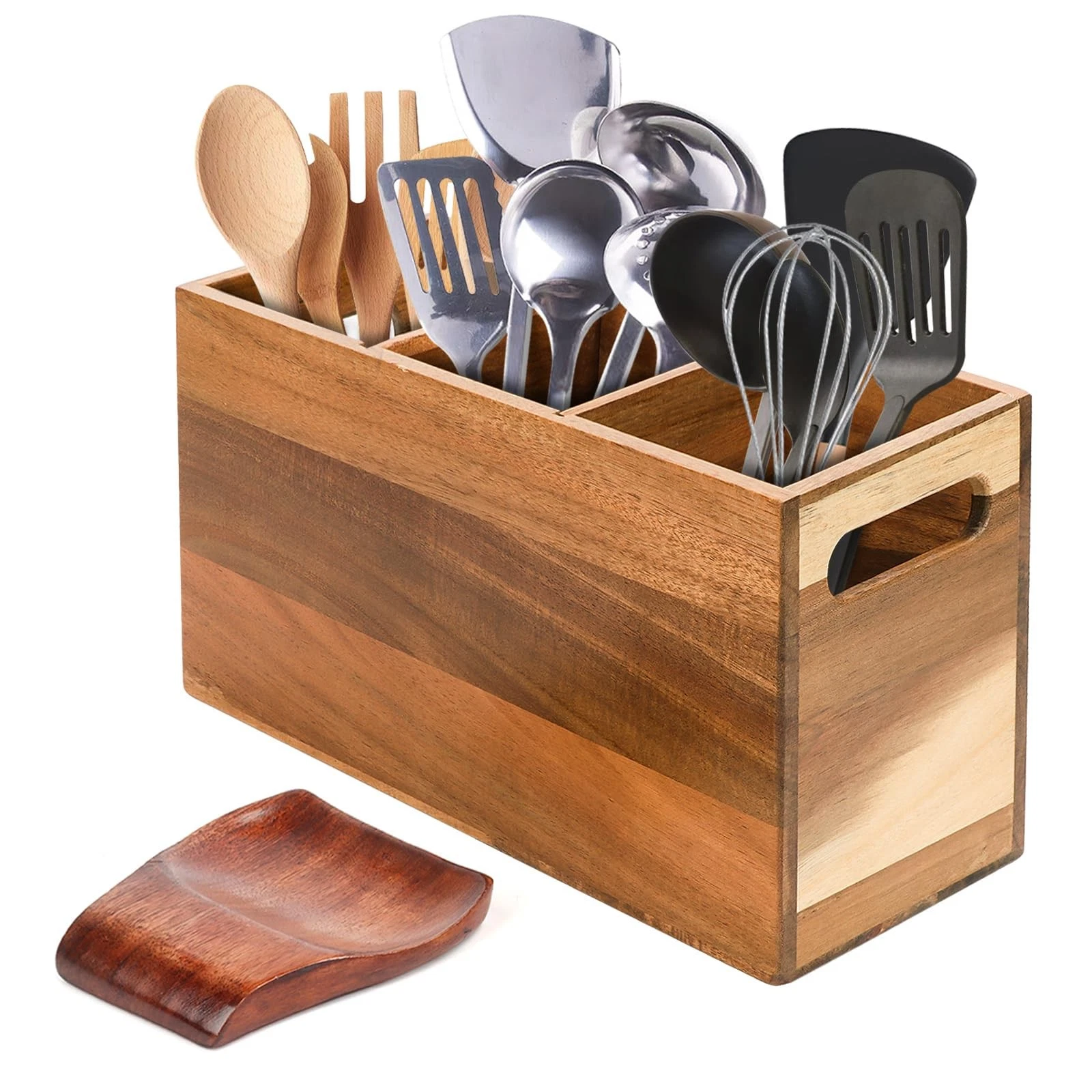 Wooden Utensil Holder Kitchen Counter Spoon Rest Acacia Wood Organizer Rustic