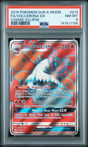 2019 POKEMON SUN & MOON COSMIC ECLIPSE #213 FULL ART/VOLCARONA GX PSA 8