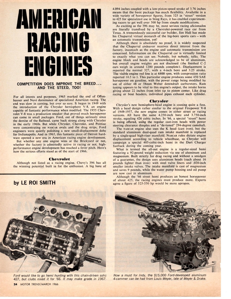 洋書 CLASSIC RACING ENGINES 1966 AMERICAN RACING ENGINES ~ ORIGINAL 2-PAGE ARTICLE | eBay