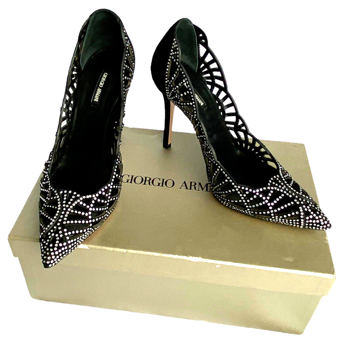 GIORGIO ARMANI Crystal Embellished Black Suede Pointed Toe GIORGIO ARMANI Crystal Embellished Black Suede Pointed Toe