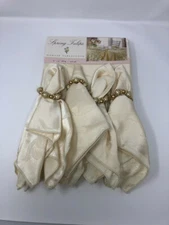 New Spring Tulips Damask Table Cloth Ivory(4) Napkins & (4) Beads/Pearls Rings  