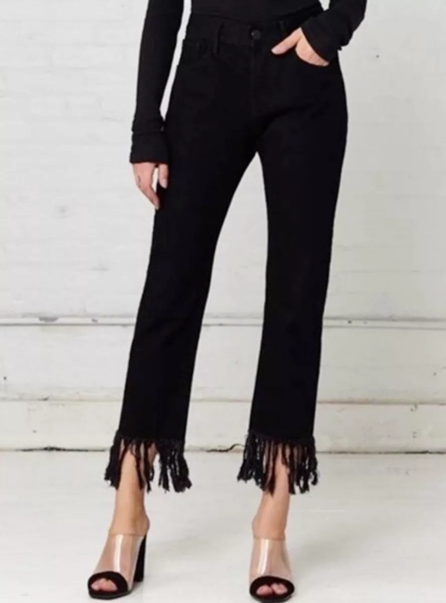 Denim cropped jeans with frayed fringed hems 2025