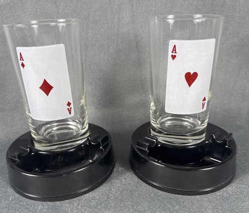 Vintage Mid Century Aces Up Tumblers Ashtray Holders Card Playing Casino