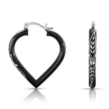 925 Solid Sterling Silver Hand Engraved Black Diamond-Cut Heart Hoops Earrings