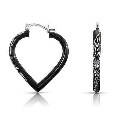 925 massiv Sterling Silber handgraviert schwarz Diamantschliff Herz Creolen Ohrringe