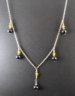 VINTAGE STERLINGSILBER Kette Halskette PERLEN STATION TROPFEN baumelt SCHWARZ ORANGE