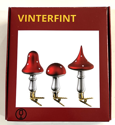 Set of 3 Ikea Vinterfint Mushroom Christmas Decorations Holiday Clip On 4'' Glass