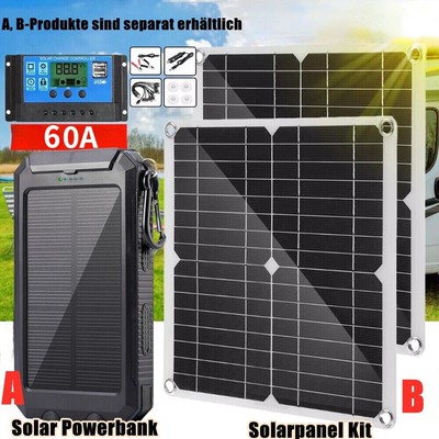 Mono Solarpanel Solarmodul 60A Regler USB Ladegerät Kit/20000mAh Solar Powerbank