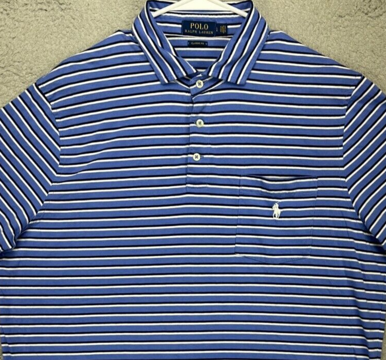 Polo Ralph Lauren camicia adulto grande blu a righe polo vestibilità classica pony rugby uomo