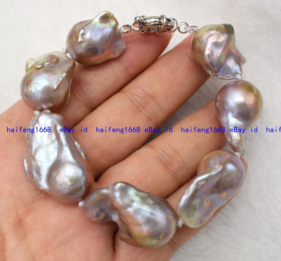 Selten Riesig 15x20mm Natürlich Lila Süßwasser Barock Perle Armband Ohrring 19cm - Bild 2 von 4