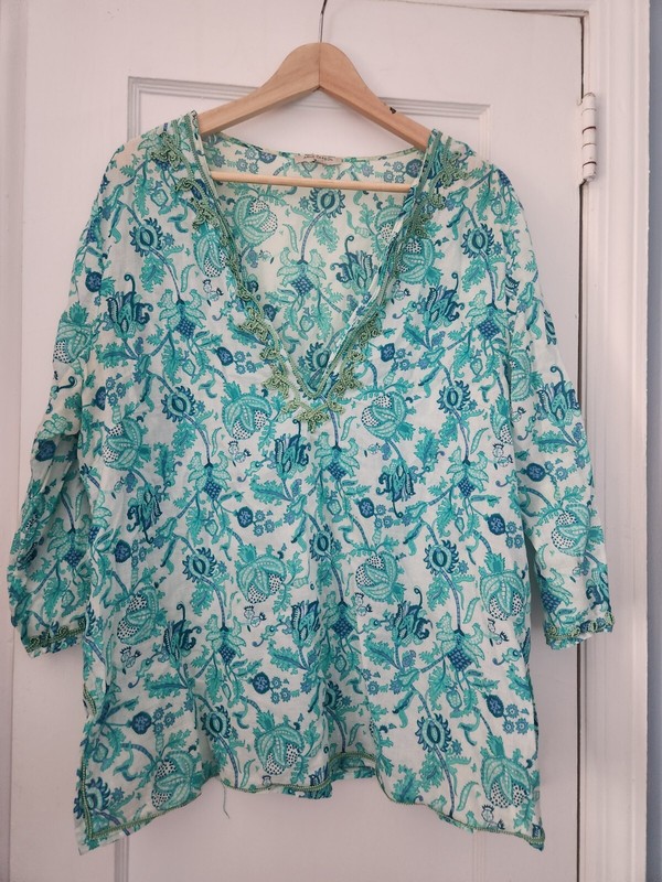 Anne Carson Women Plus 3/4 Sleeve Tunic Blouse Size 1X  Blue Paisley Beaded 