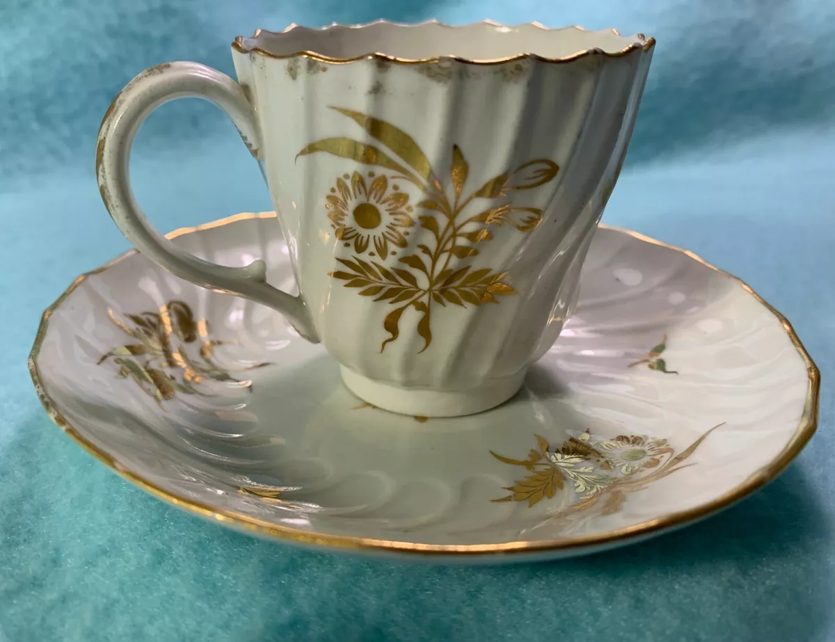 Ca.1800 Chamberlain Worcester Cup and Saucer Set- White W/ Gold Flowers & Leaves