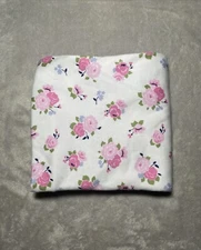 Luvable Friends Floral Baby Blanket Pink Roses Flowers White Jersey Knit Swaddle