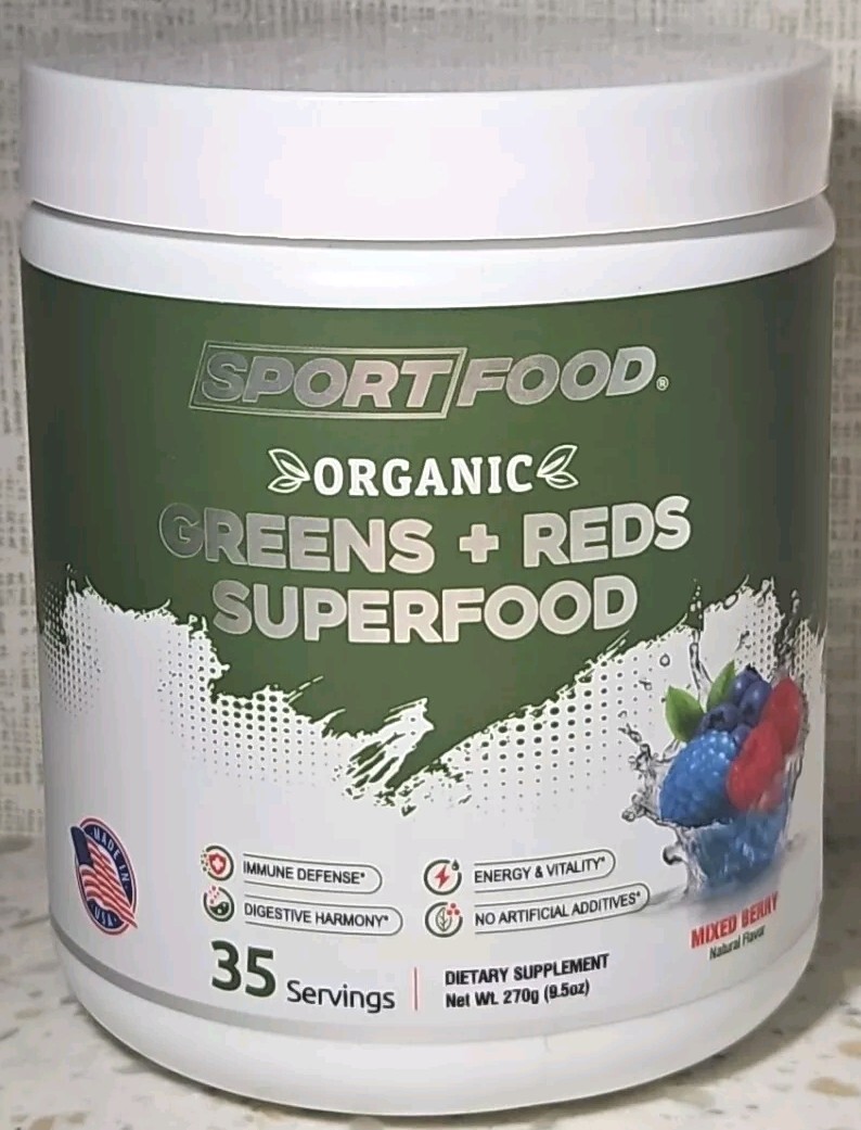 SportFood Organic Greens & Reds Superfood Powder Mixed Berry Flavor 9.5 Oz 04/26