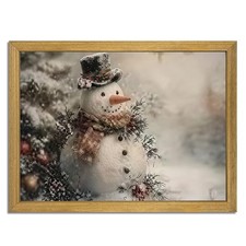 Vintage Christmas Wall Art 8x10 inch, Wood Framed Cute Snowman Canvas Wall De...