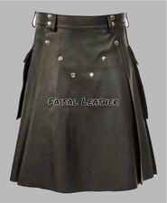 Men's Genuine Cow Leather Pleated Kilt Clubwear Kilt With Side Pockets Kilt