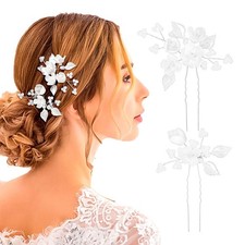 Bridal Wedding Hair Pins Silver Crystal Flower Clips Leaf Headpiece