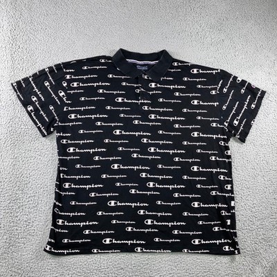 Champion All Over Print Polo Men 2XL Black White Script Logo Short Sleeve Shirt