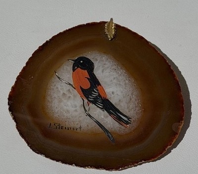 Vintage Hand Painted Baltimore Oriole Bird on Slice of Agate Art Ornament Signed