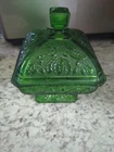 JEANETTE GLASS GREEN ACORN OAK LEAF SQUARE LIDDED CANDY DISH