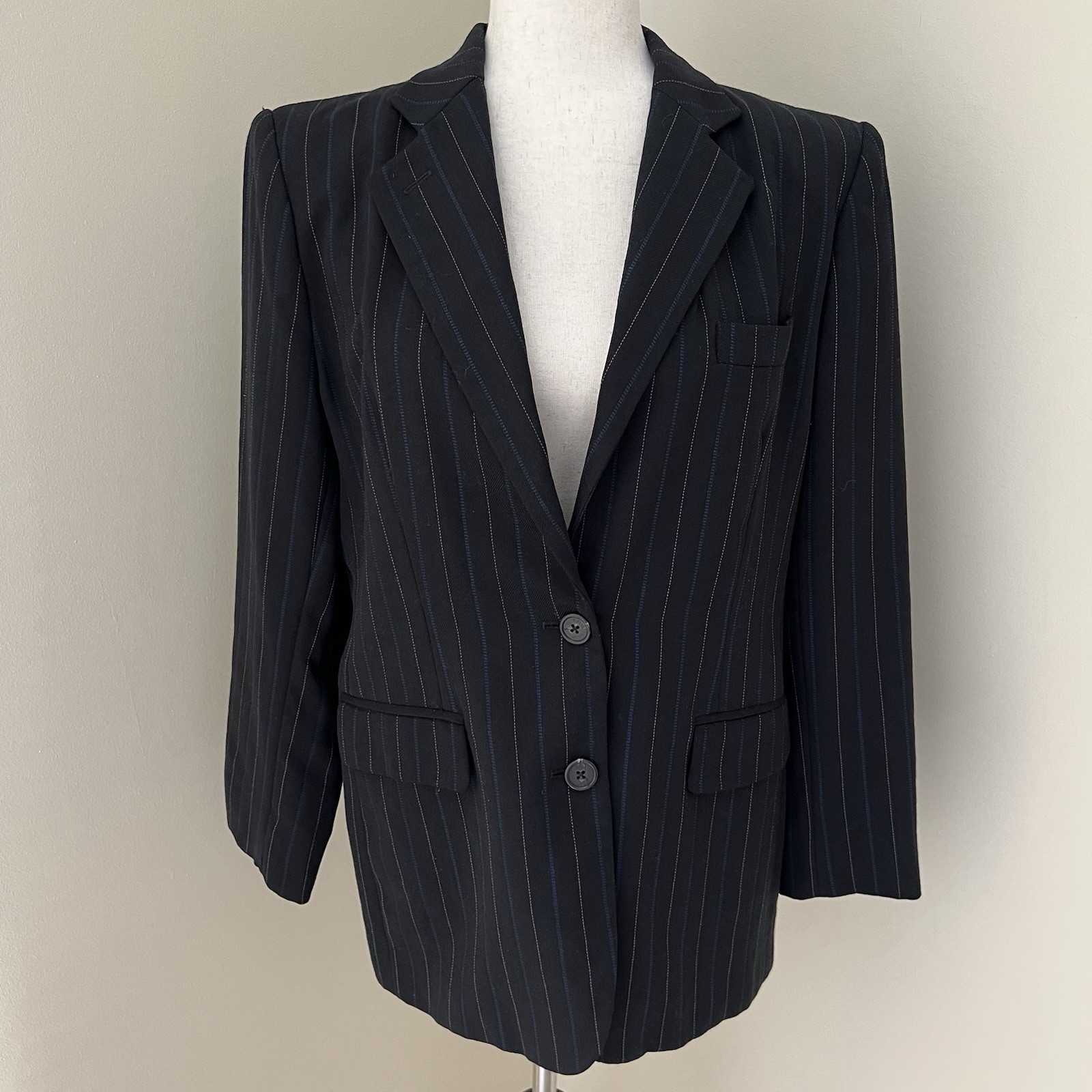 VTG USA Lauren Ralph Lauren Pinstripe Wool Blazer Sz 12P Black Longline Classic