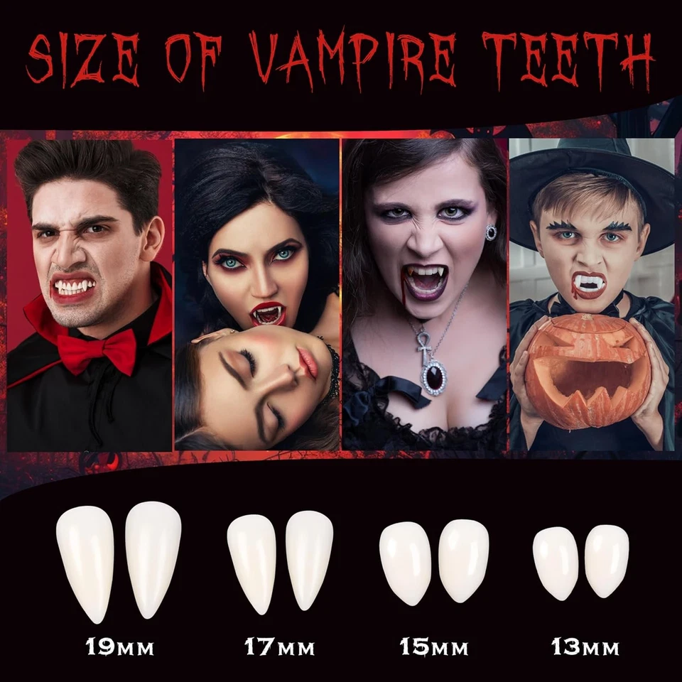 Dientes de vampiro de Halloween - 12 pares de colmillos, colmillos falsos de 4 tamaños...  Foto 3 de 4