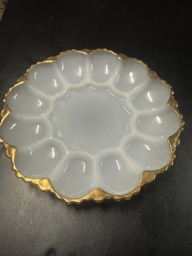 Milk Glass Deviled Egg Plate with Gold Tinted Rim