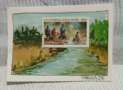 California Gold Rush 33¢ Postal Whimsy   OOAK ACEO Watercolor Art by Virginia