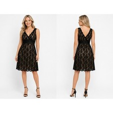 Lace Cocktail Dress sz M Black Tan V-Neck Empire Waist Sleeveless Vintage LBD