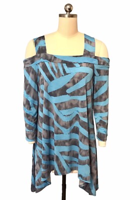Clara Sun Woo Artsy Abstract Tunic Top Cold Shoulder Aqua Gray Women s Sz M