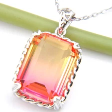 Rectangle Shaped Rainbow Mystical Fire Tourmaline Gems silver Necklace Pandants