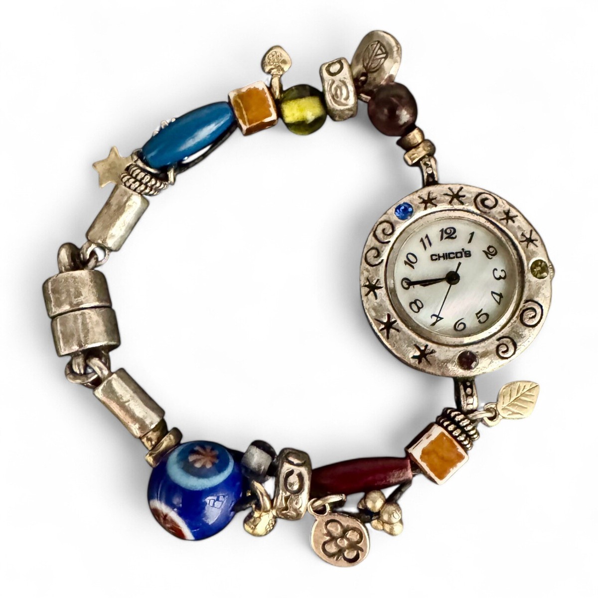 Chicos Silver Tone Multicolor Glass Metal Bead Bracelet Quartz  Watch-New Bat