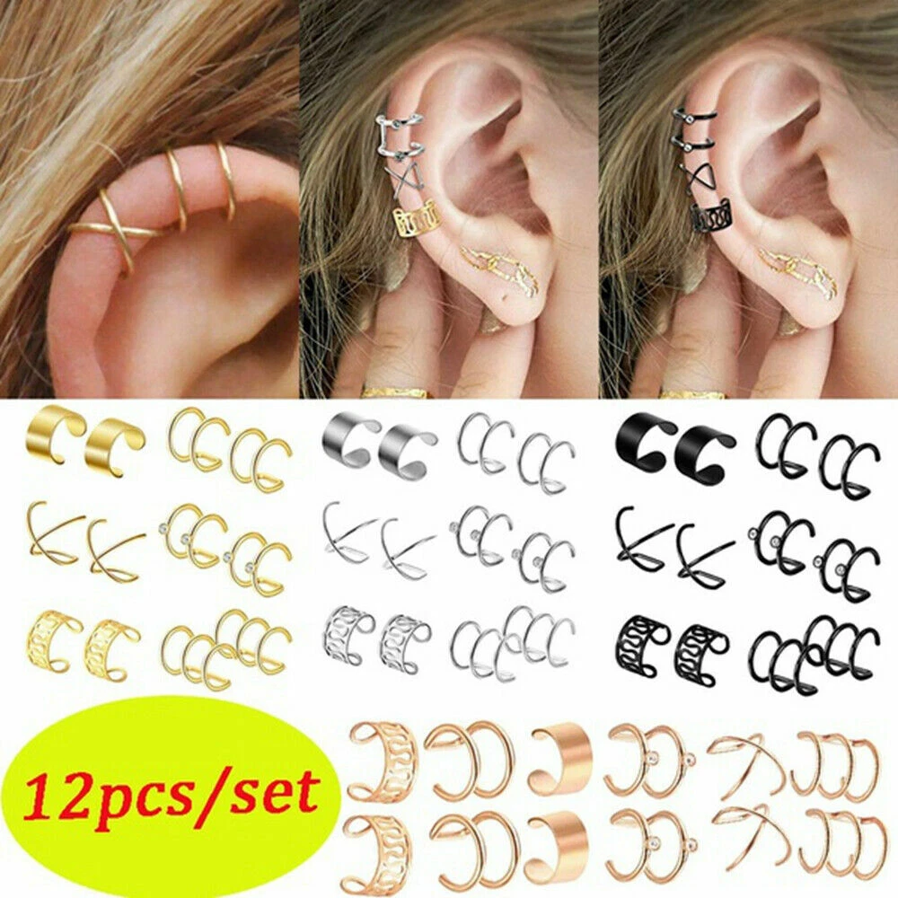 12Pcs Men Women Ear Cuff Wrap Earrings Set No Piercing Clip