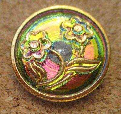 1-Czech Glass Iridescent Reddish/Green and Gold Flowers-Silver Back Button #136