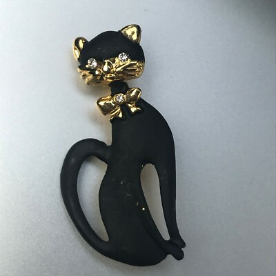 Vintage Goldtone w Black Enamel & Clear Rhinestone Accents Posing Kitty Cat Broo
